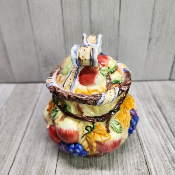 Vintage Painted Jam Jar Fruits and Fall Leaves Design Ceramic with Lid 5.5" Tall - Picture 3 of 8